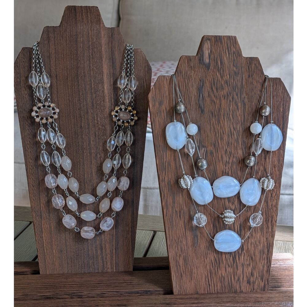 Lot of 2 Vintage Tiered Multi-Faux Stone Necklaces White Pink New York & Company